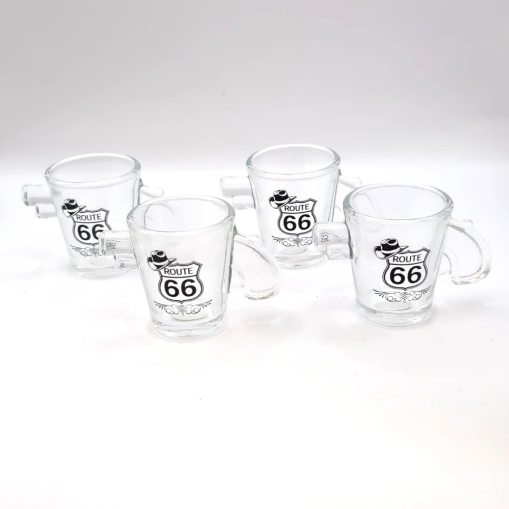 Four (4) Route 66 Glass 1 oz. Pistol Gun Shaped Shot Glasses - NWT Never Used